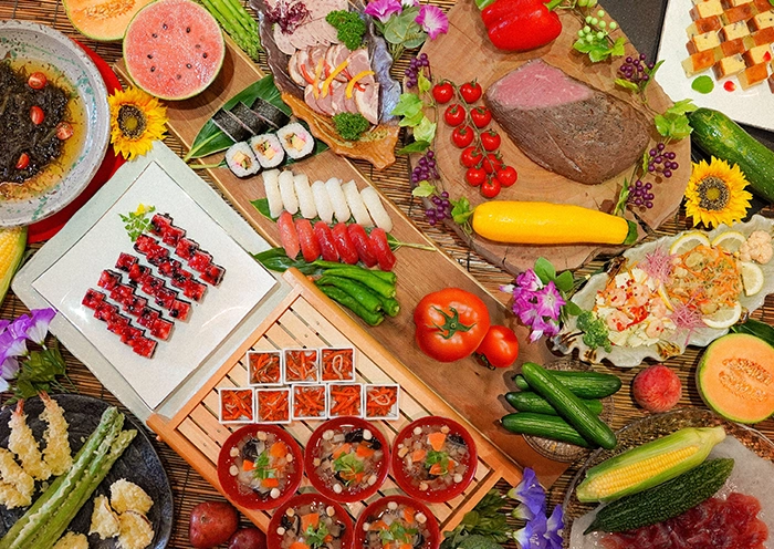 An example of a buffet. / A colorful array of seasonal dishes.