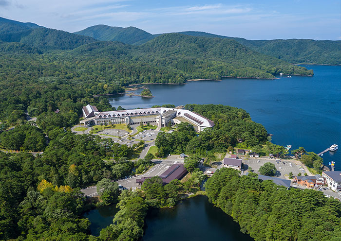 Exterior/aerial view. A lakeside highland resort overlooking Mount Bandai.