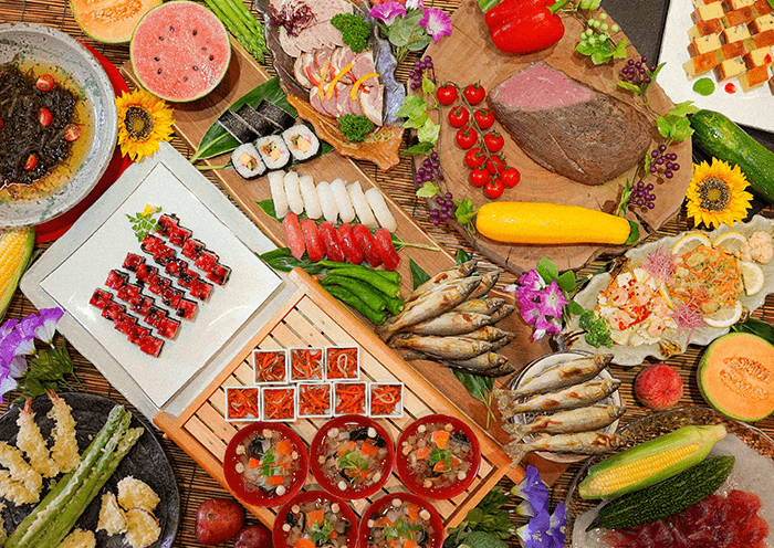 An example of a buffet. / A colorful array of seasonal dishes.