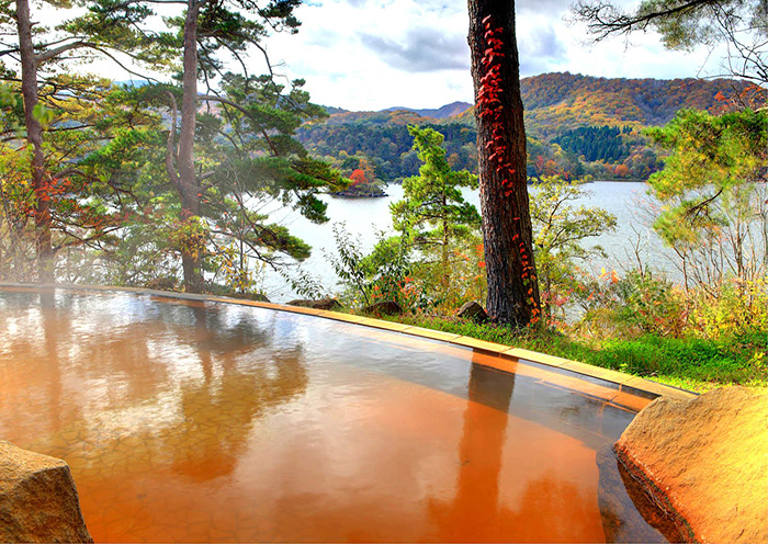 An open-air hot spring with a spectacular view. An open-air hot spring with water directly from the source.