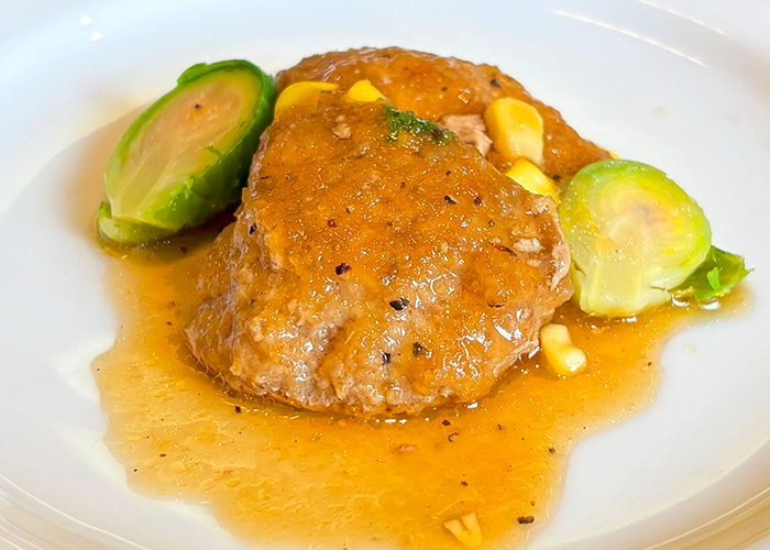 Hamburg steak made with Fukushima beef and Abukuma Sangen pork.