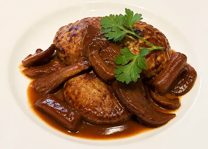 Hamburg steak made with Fukushima beef and Abukuma Sangen pork.